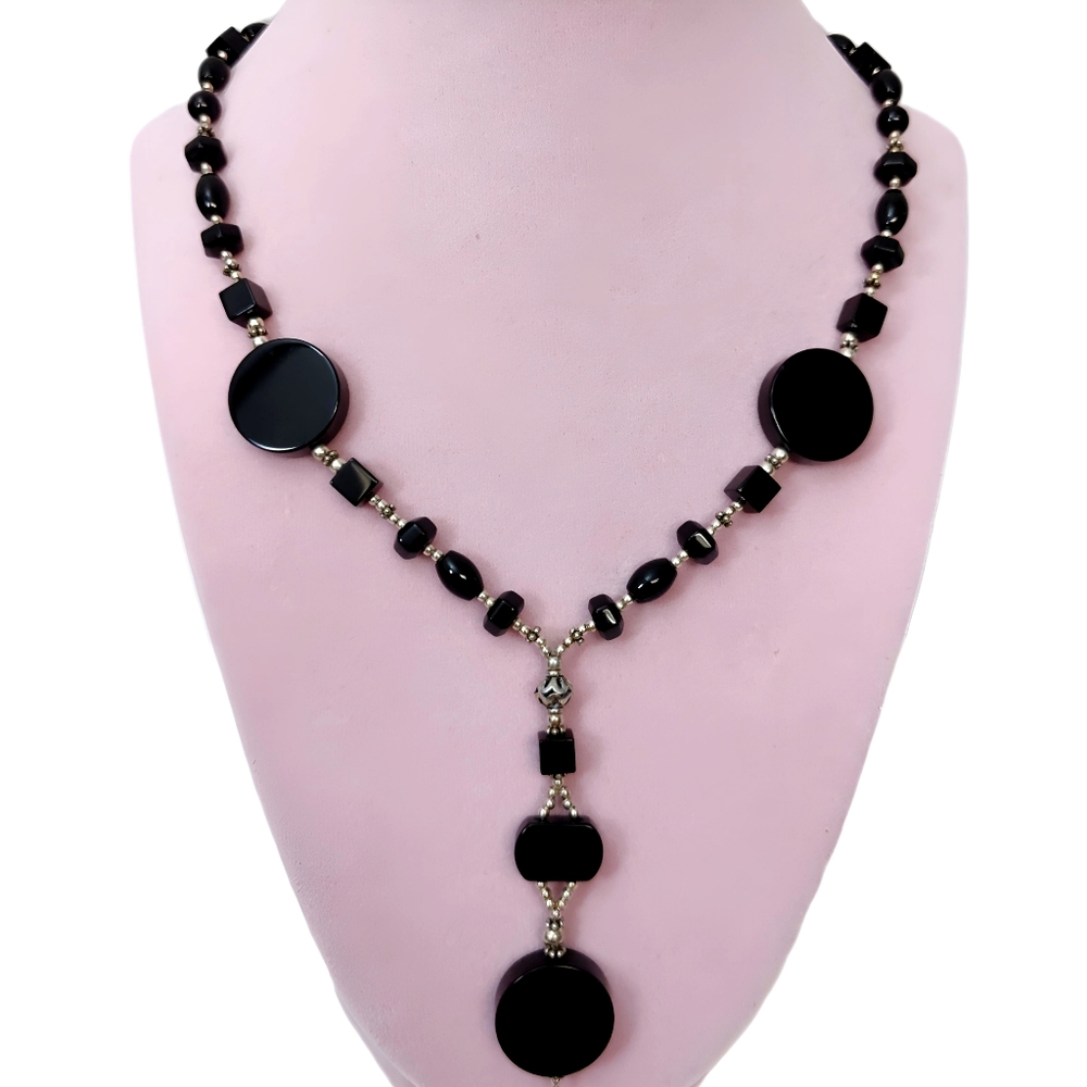 Vintage Sterling Silver Black Onyx Circle disk Multi Bead Y drop Necklace 18"